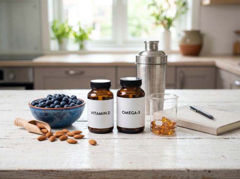 Comparación profesional de suplementos básicos: Omega-3, Vitamina D, proteína y alimentos reales