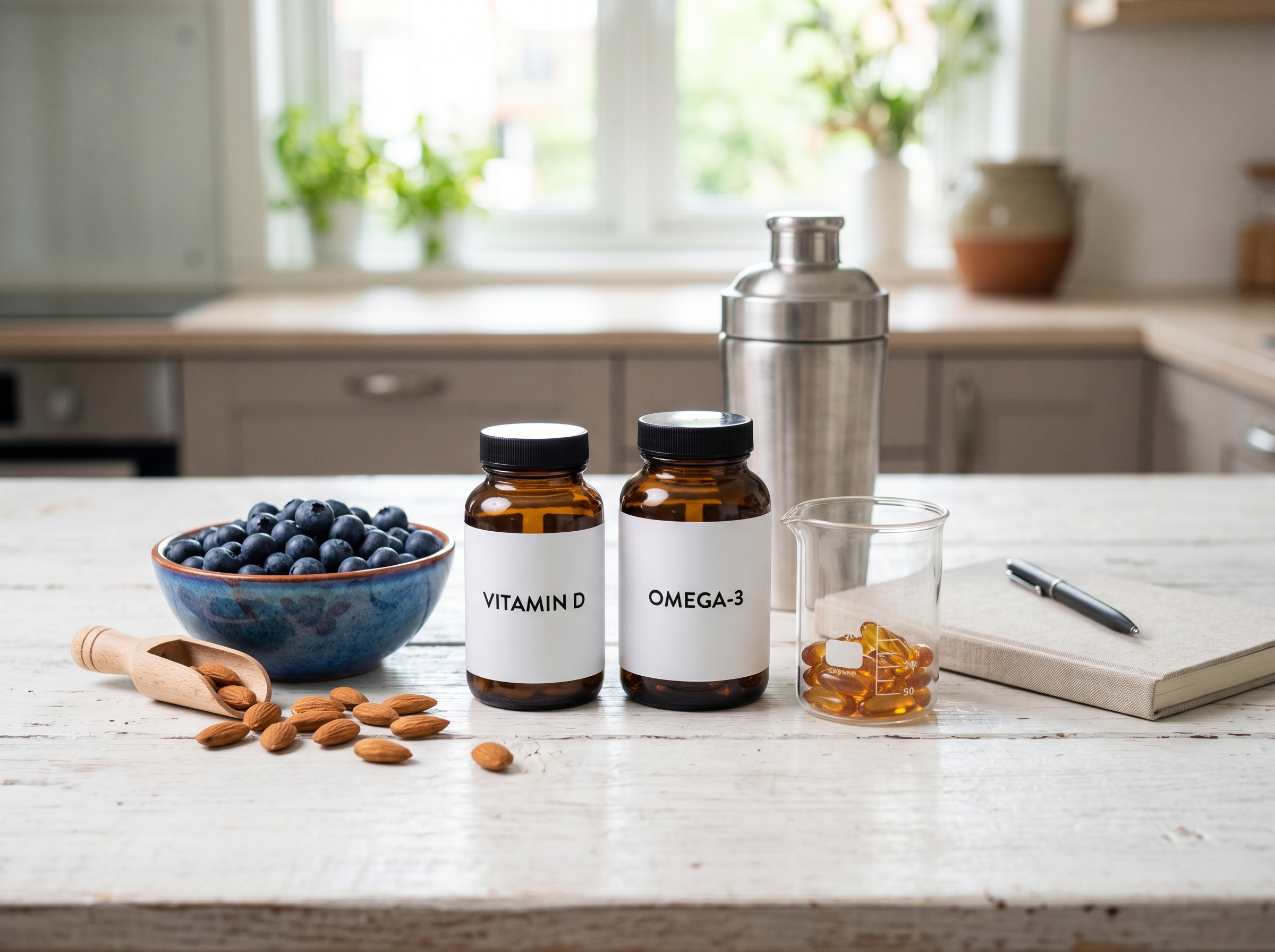 Comparación profesional de suplementos básicos: Omega-3, Vitamina D, proteína y alimentos reales